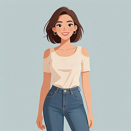 Digital illustration of a smiling woman with short brown hair, wearing a white off-shoulder top and blue jeans, standing against a light blue background.