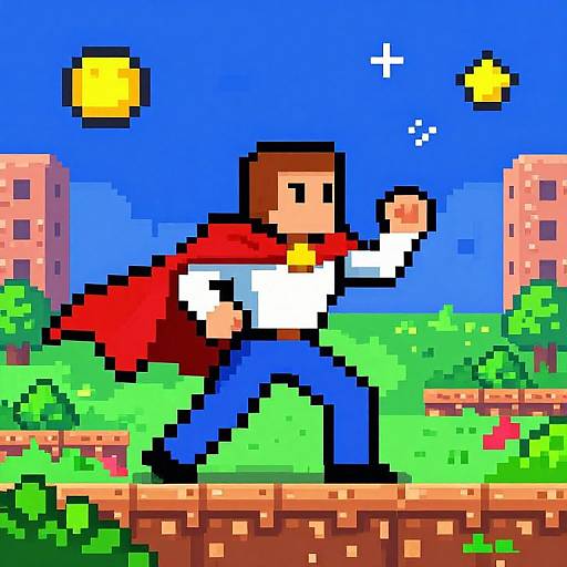 Pixel art of a brown-haired superhero in a red cape, white shirt, blue pants, punching the air in a vibrant, sunny city park.
