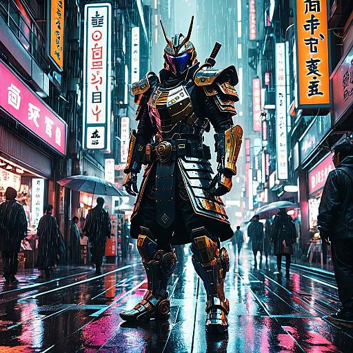 Cyber Samurai in Neon Tokyo Street