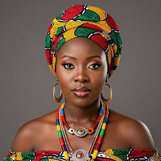 Photograph of an African woman with dark skin, wearing a colorful, patterned headwrap and off-shoulder dress, adorned with large hoop earrings