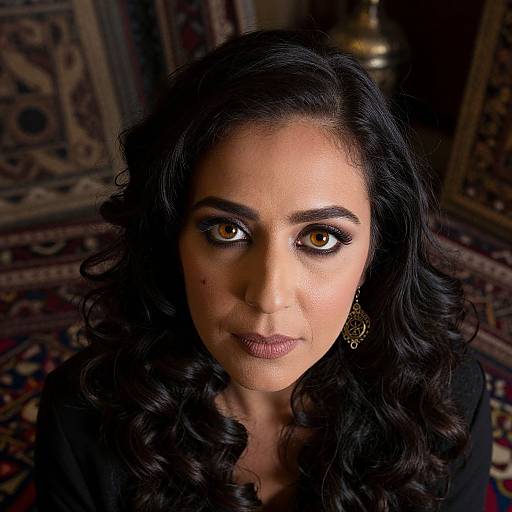 Photograph of a Middle Eastern woman with dark curly hair, brown eyes, dark eyeliner, and gold earrings, looking directly at the camera in a