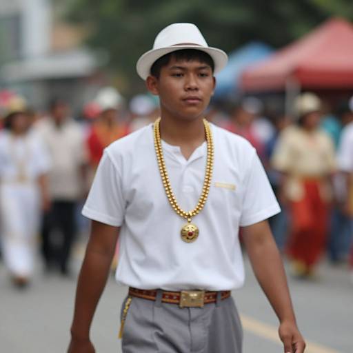 Photograph of a young Asian boy in a white hat, white shirt, gold necklace, and gray pants walking in a blurred street parade. Background shows