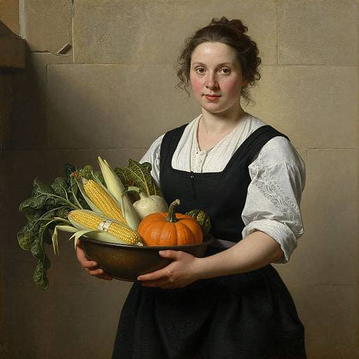 Photograph of a fair-skinned woman with curly brown hair, wearing a white blouse and black dress, holding a bowl of corn, ears of corn