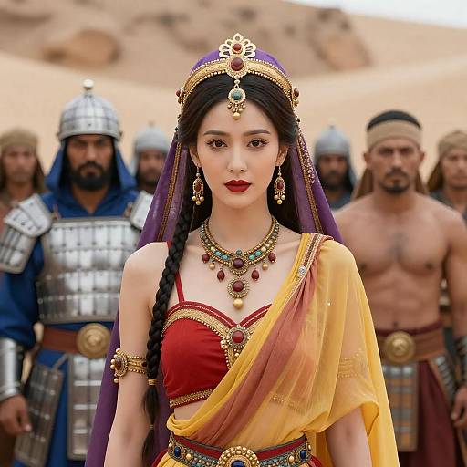 Woman in Elaborate Desert Attire with Armored Guards