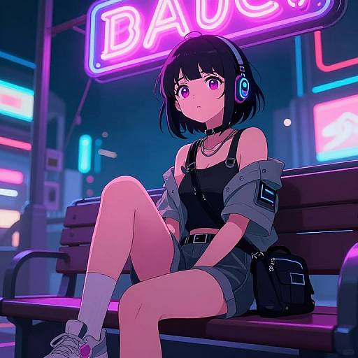 Digital anime-style drawing of a young woman with black bob haircut, blue headphones, purple eyes, black crop top, denim shorts, gray jacket, white