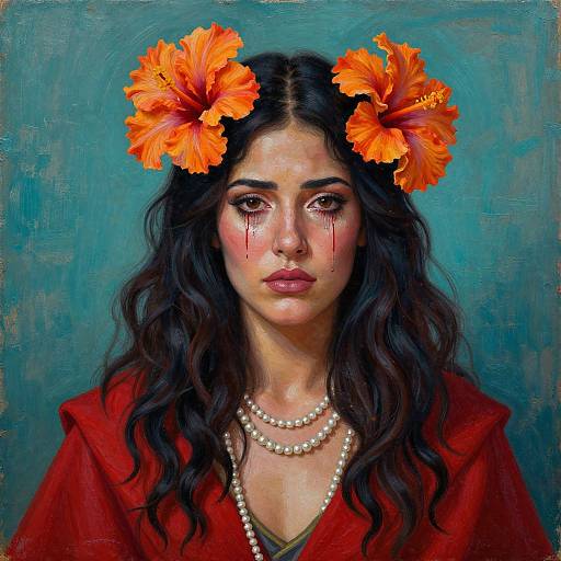 Digital painting of a woman with long black hair, red-orange hibiscus flowers in her hair, wearing a red cloak and pearl necklace, against