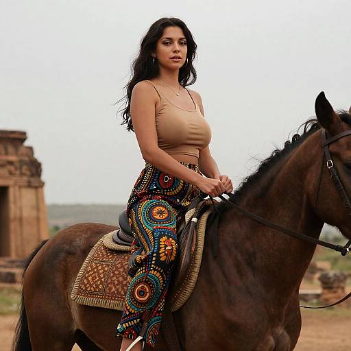 Woman Riding Horse Through Ancient Ruins