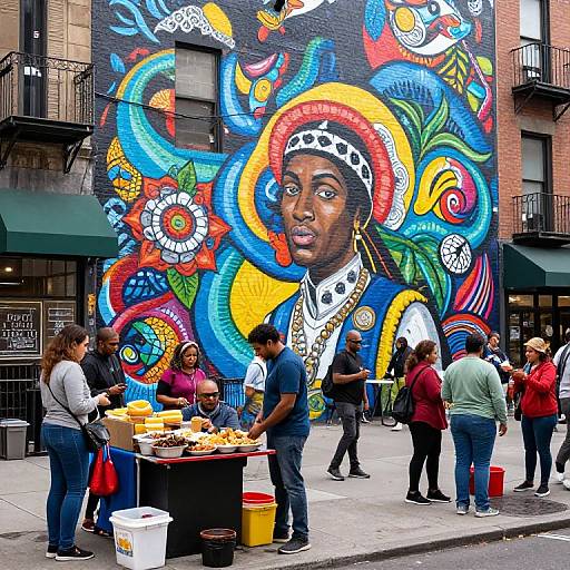 Vibrant street mural of an African-American woman with colorful, swirling patterns; people gather around a food cart in front. Photograph.