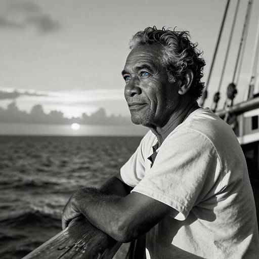 Black-and-white photo of an older man with curly hair, wearing a white shirt, sitting on a boat's railing, sea and sunset in background,