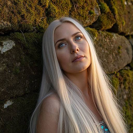 Photograph of a young woman with long, straight platinum blonde hair, pale skin, and blue eyes, leaning against a moss-covered stone wall, bath