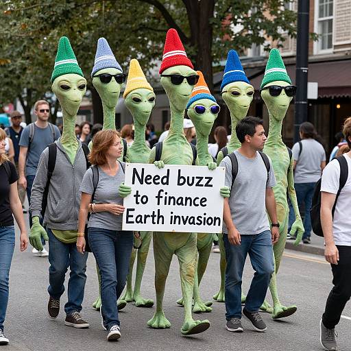 Photograph: Green alien-like people in colorful cone hats and sunglasses, holding 