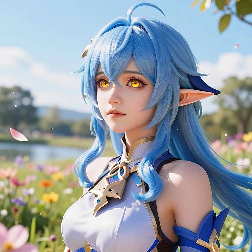 Digital art of a blue-haired, elf-eared anime girl with glowing yellow eyes, wearing a white and blue armored top, standing in a sunny,