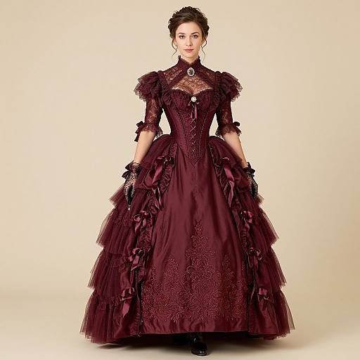 Photograph of a woman in an elaborate, Victorian-style burgundy gown with lace, ruffles, and bows, standing against a plain beige background.
