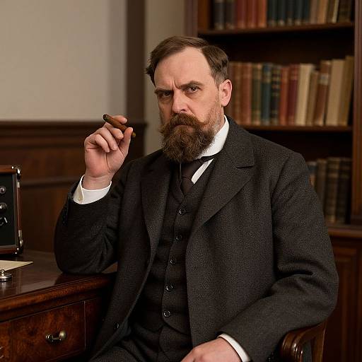 Photograph of a bearded man in a black Victorian suit, smoking a cigar, seated in a library with wooden bookshelves.