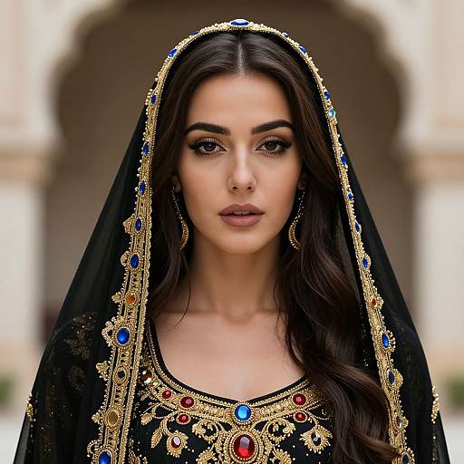 Elegant Woman in Gold-Embroidered Veil