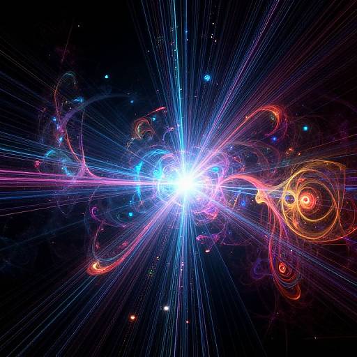Digital art of a bright, radiant blue-white explosion in space, surrounded by colorful, swirling light trails and star-like points.