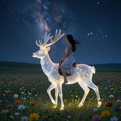 Photograph of a woman in a white dress riding a glowing, illuminated deer statue in a night field of colorful flowers, under a starry sky with