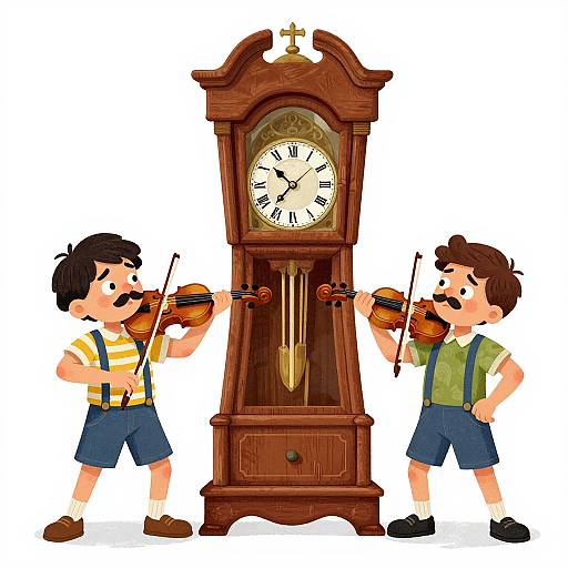Cartoon illustration of two boys playing violins in front of a tall, wooden grandfather clock with a white clock face.