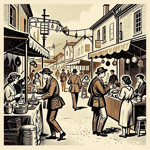 Black-and-white vintage-style illustration of a bustling street market with people in 1920s attire, eating, conversing, and shopping.