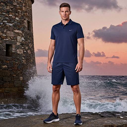 Photograph of a muscular, fair-skinned man with short brown hair, wearing a navy polo, shorts, and sneakers, standing on a rocky shoreline