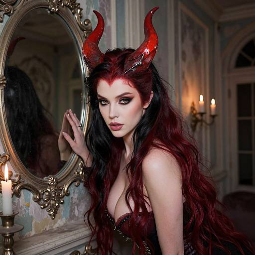Photograph of a pale-skinned woman with long, wavy red hair, wearing red devil horns and a black, strapless dress, standing before
