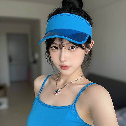 Photograph of an Asian woman with fair skin, black hair in a bun, wearing a blue visor and tank top, necklace with red pendant,
