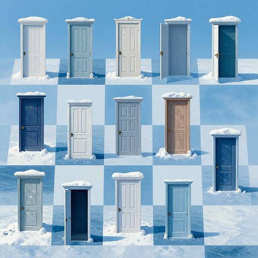 Digital art of twelve snow-covered doors in a grid, varying in color from white to dark blue, brown, and black.
