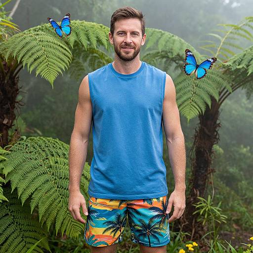 Photograph of a smiling, bearded man in a blue tank top and colorful tropical shorts, standing in a lush, fern-filled forest with two digitally
