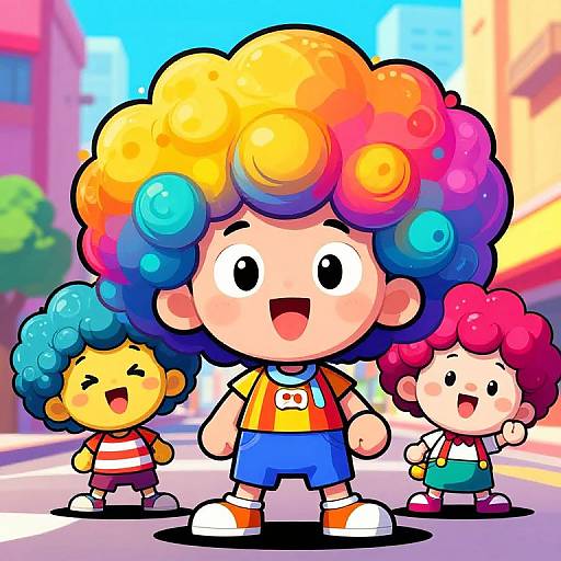 Bright, colorful digital cartoon of three cheerful children with multicolored curly hair, standing on a sunny city street. Vibrant, playful style.