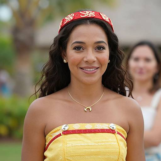 Photograph of a smiling young woman with medium-brown skin and long dark hair, wearing a red bandana, yellow strapless top, and gold