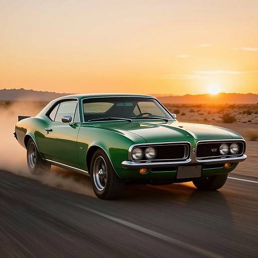 Photograph of a green 1970s muscle car with four round headlights speeding on a desert road at sunset. Dust trails behind, with an orange
