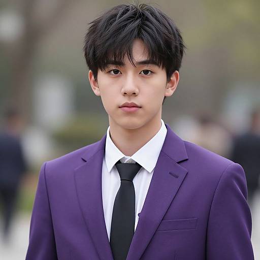 Photograph of an Asian male with straight black hair, wearing a purple suit, white shirt, and black tie, standing outdoors with a blurred background.