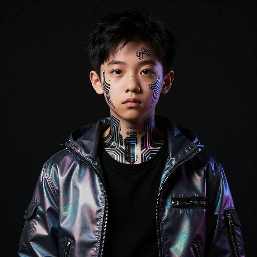 Neon-Circuit Cyborg Teen in Holographic Jacket