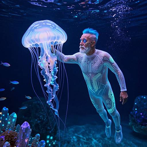 Photograph of a man with blue hair and beard, wearing a glowing, neon-patterned bodysuit, underwater, touching a luminous jellyfish