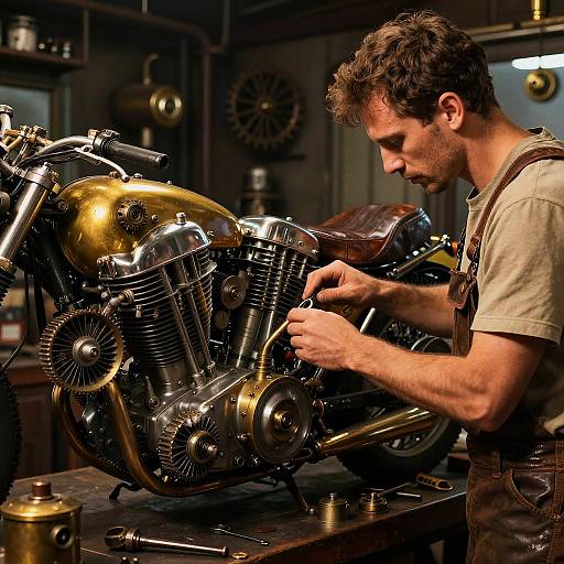 Photograph of a focused, bearded man in a workshop, meticulously polishing a shiny, golden, vintage motorcycle engine with tools on a wooden table.
