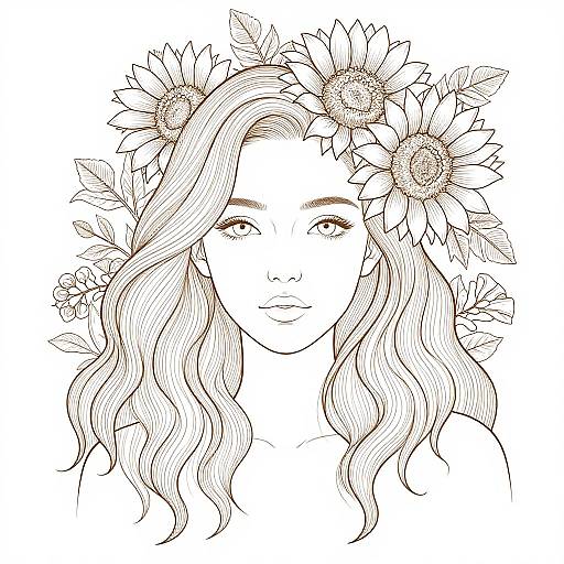 Intricate black-and-white line drawing of a young woman with flowing hair, adorned with sunflowers and small flowers, wearing a floral crown.
