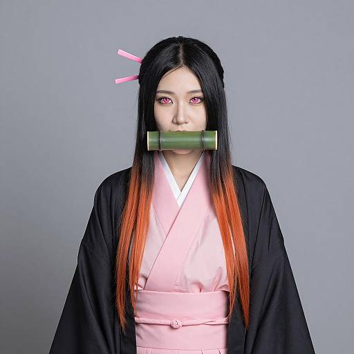 Asian Woman in Kimono with Bamboo Muzzle