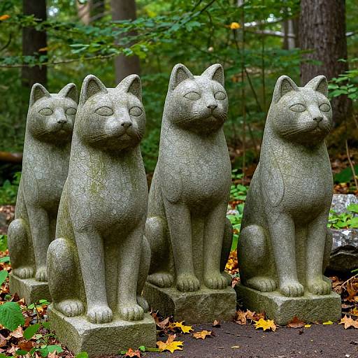 Stone Cat Statues in Forest Clearing