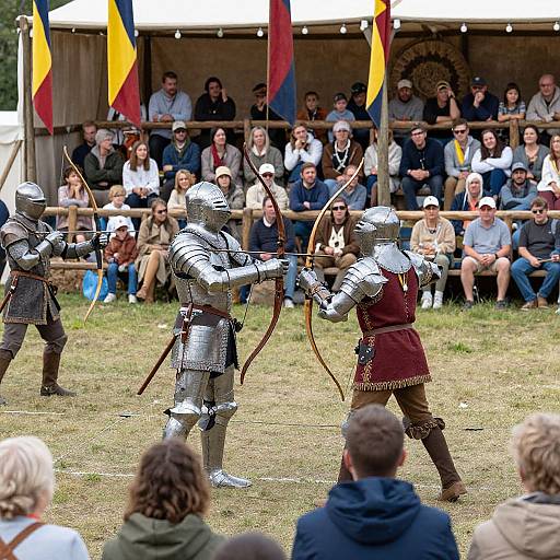 Photograph of medieval reenactment: two armored knights in metal helmets and chainmail, drawing bows, facing each other in grassy field,
