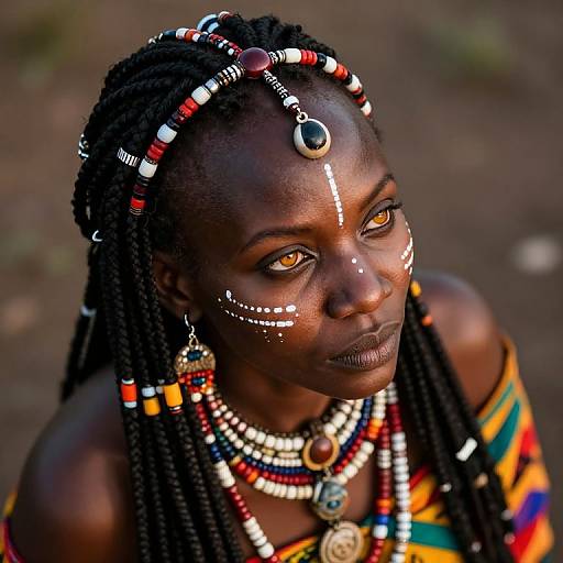 Photograph of a dark-skinned African woman with braided hair, adorned with colorful beads, white face paint, and intricate jewelry, gazing intensely