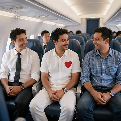Smiling Men Conversing in Airplane Cabin