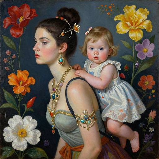 Digital painting of a woman in a green dress with ornate jewelry, holding a blonde baby in a white dress, surrounded by vibrant flowers. Realistic