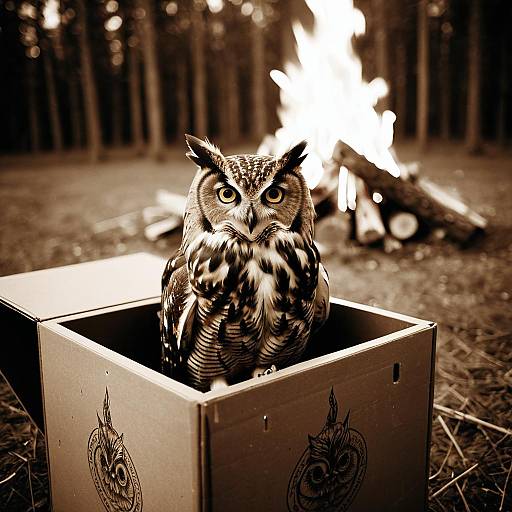 Majestic Owl in Box Near Bonfire