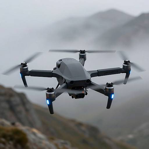 Photograph of a sleek, gray drone with four spinning blades and blue lights, flying over a misty, mountainous landscape.