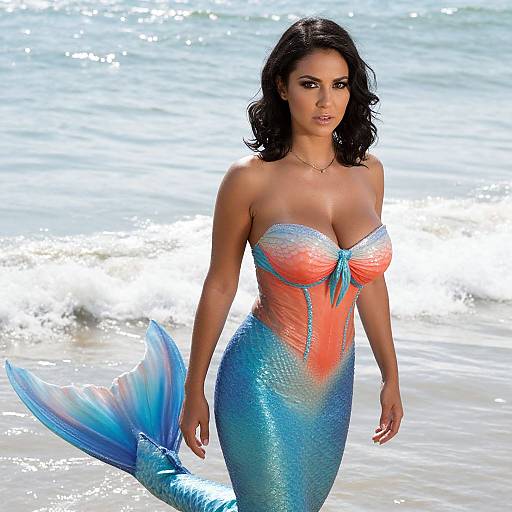 Photograph of a dark-haired mermaid with a blue-scaled tail and orange-red shell top standing in shallow ocean waves.