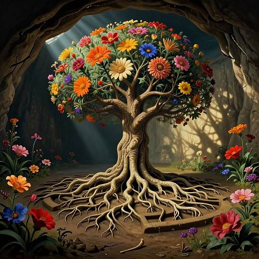 Digital artwork of a vibrant, root-covered tree with multicolored flowers in a sunlit cave, surrounded by scattered flowers and lush greenery.