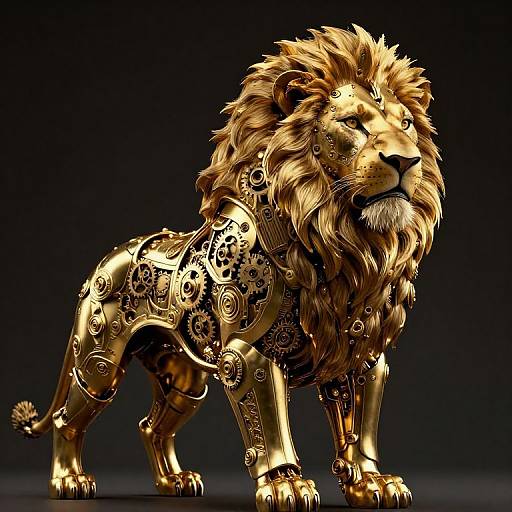 Digital CGI image of a golden, intricately detailed, robotic lion with ornate swirl patterns, standing against a dark gradient background.