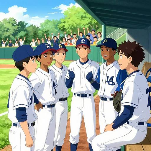 Anime-style digital drawing of five young male baseball players in white uniforms and navy caps, standing and talking under a dugout, with a cheering crowd in