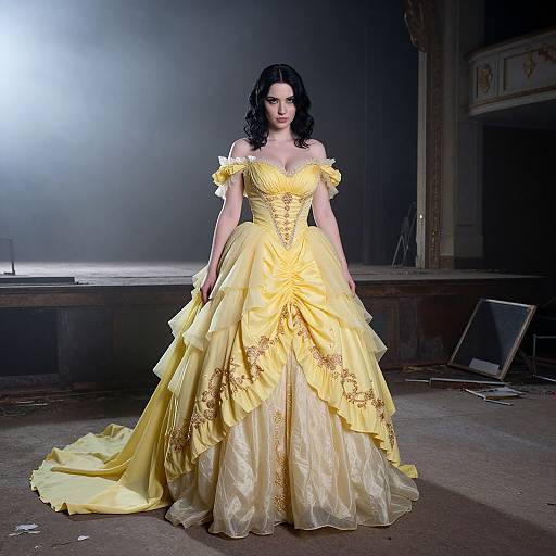 Photograph of a dark-haired woman in an elaborate, off-shoulder, yellow ball gown with gold embroidery, standing in a dimly lit,