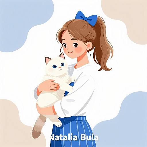 Young Girl with Fluffy Cat Illustration